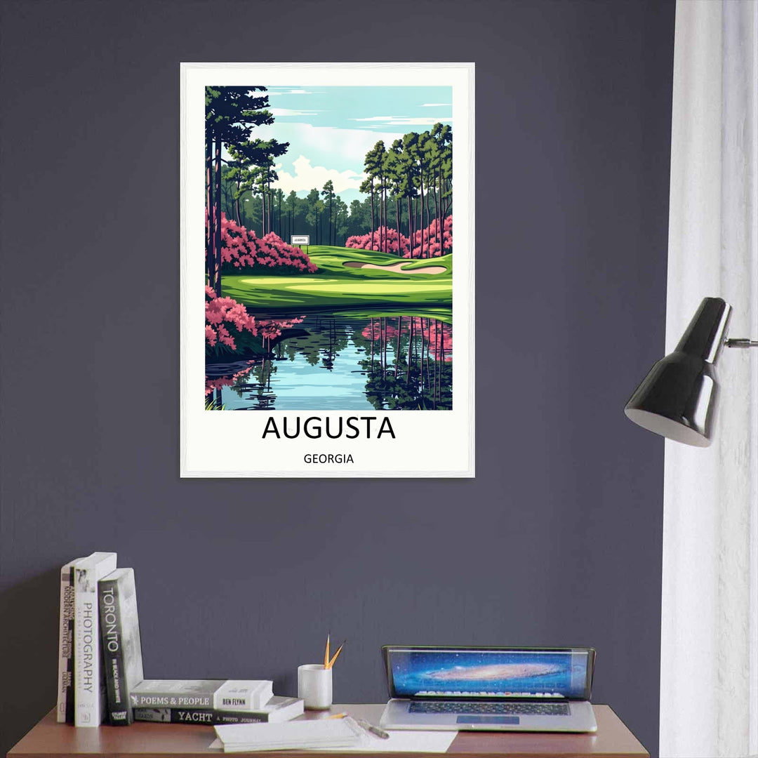 Executive workspace sports print showcasing a retro vintage illustration of a Georgia golf course hole, complete with a reflective pond, pink azaleas, and a sophisticated cream art border.