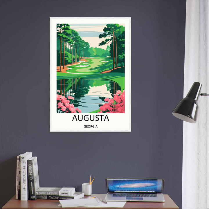 Framed minimalist golf course wall art displaying clean lines of a sculpted green fairway, white sand traps, and soft pink floral clusters framed beautifully in a premium black gallery frame.