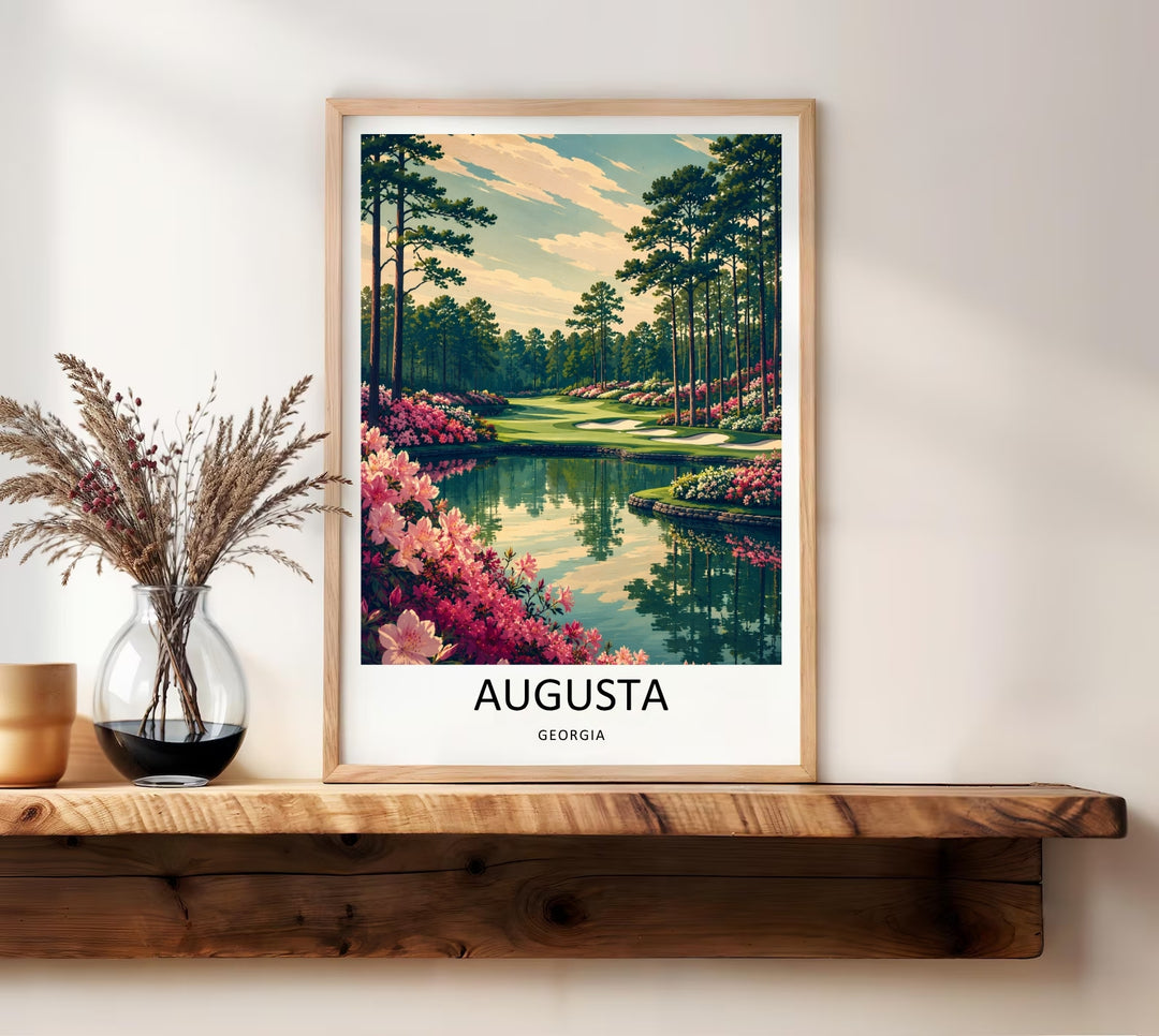Elegant office wall decor poster displaying a stylized vector art scene of Augusta golf links, featuring a mirrored pond reflection, detailed tree silhouettes, and rich mid-century color blocking.