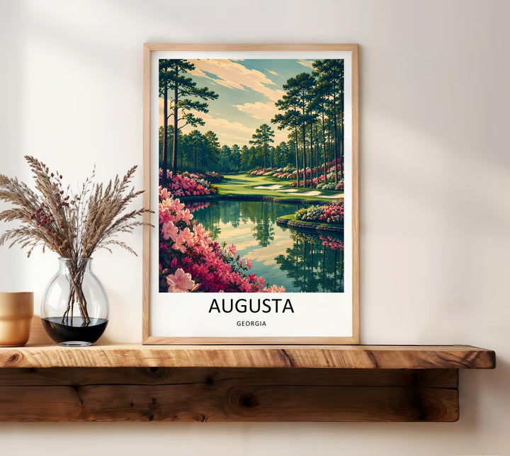 Elegant office wall decor poster displaying a stylized vector art scene of Augusta golf links, featuring a mirrored pond reflection, detailed tree silhouettes, and rich mid-century color blocking.