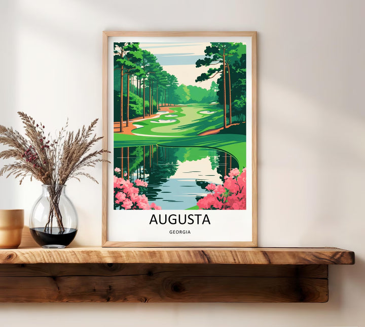 Stylized boutique travel poster of Augusta National golf course, capturing a quiet morning perspective of a reflective lake and tall trees using a clean, Scandinavian minimalist aesthetic.
