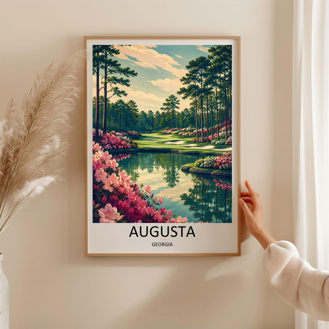 Premium matte paper art print of a famous Georgia golf course hole, emphasizing geometric simplification, soft edge lighting, and beautiful natural pine tree framing for an upscale interior.