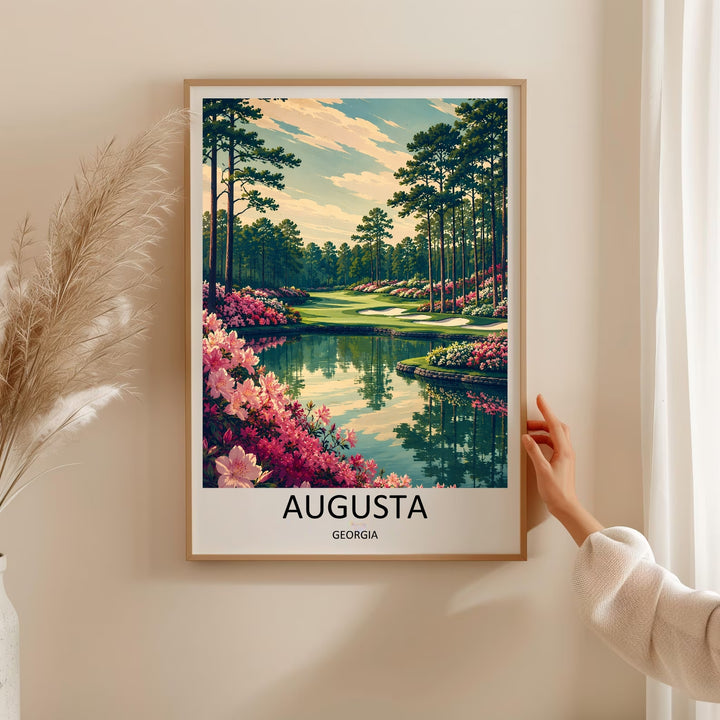 Premium matte paper art print of a famous Georgia golf course hole, emphasizing geometric simplification, soft edge lighting, and beautiful natural pine tree framing for an upscale interior.