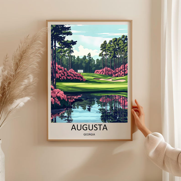 A high-quality graphic poster of Augusta Georgia golf course, focusing on a beautifully curved emerald fairway with clean minimalist sand traps, majestic trees, and a tactile printmaking grain.