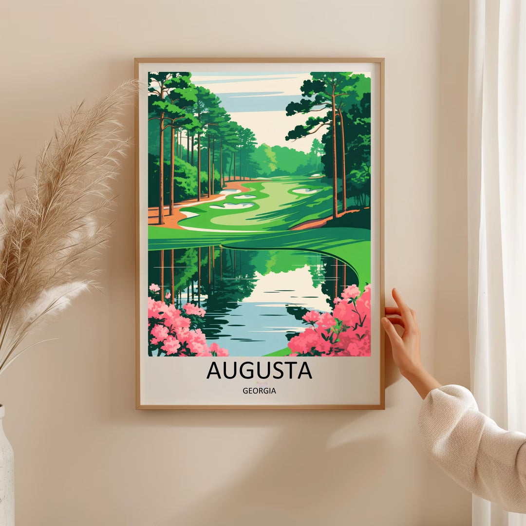 Modern stylized travel poster art of a premium Georgia golf course layout, highlighting clean geometric color blocking, a glassy mirror-like water hazard, and beautiful minimalist pine trees.