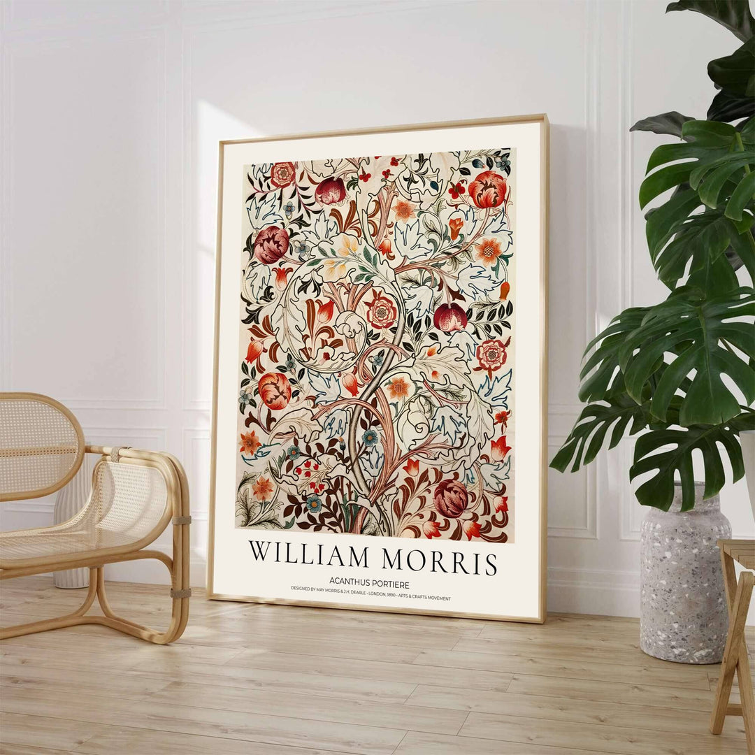 Fine art print showcasing the rich botanical detailing of William Morris Acanthus Portiere, offering a refined aesthetic complete with deep reds, leafy greens, and intricate floral flourishes for living room decor.