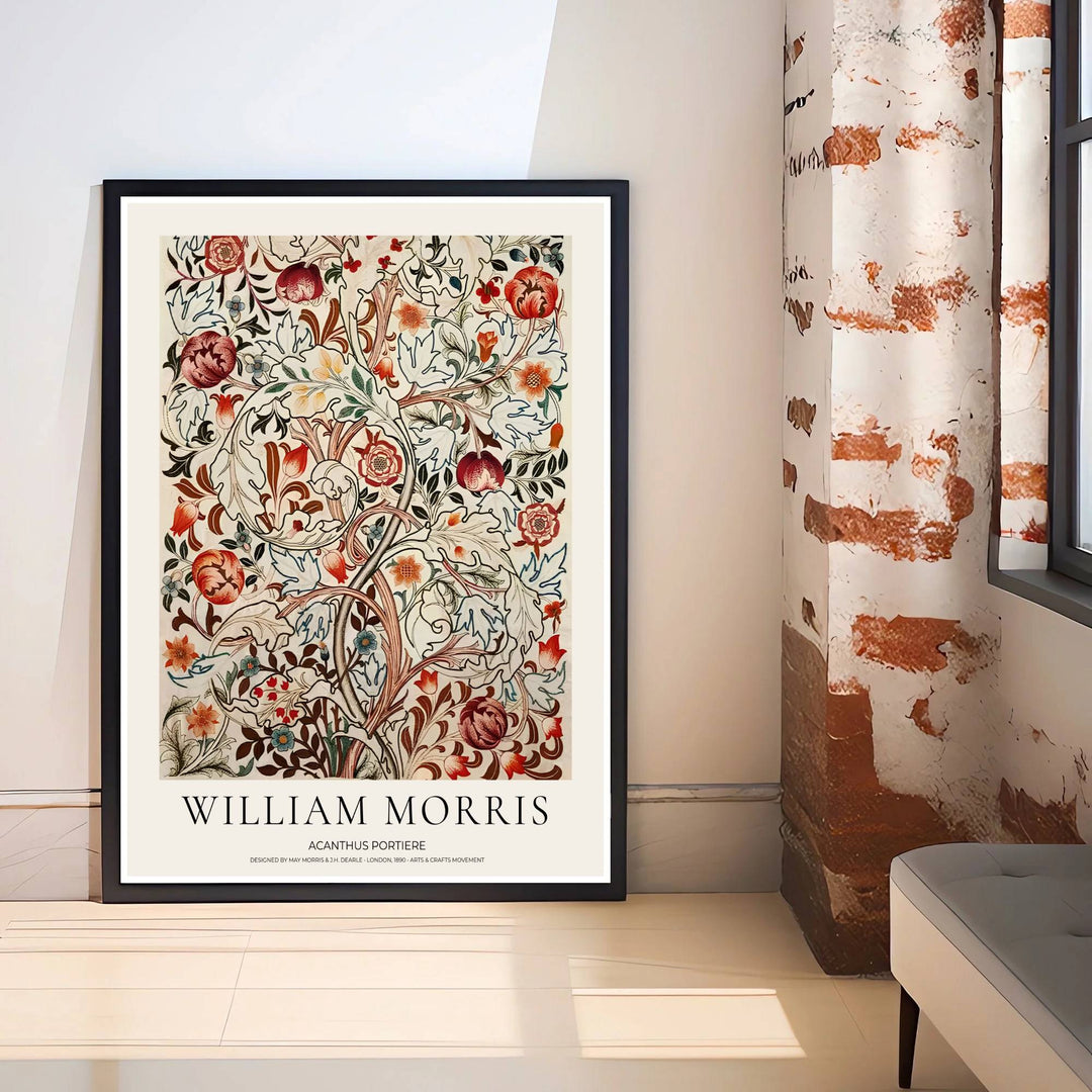Premium heritage botanical print of the historic Acanthus Portiere design by William Morris, ideal for styling versatile interior spaces or expanding an eclectic vintage art poster collection across home rooms.
