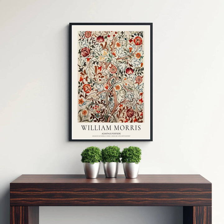 Classic William Morris Acanthus Portiere pattern print, adding a charming vintage flair and rich botanical detail to warm living room arrangements, home offices, entryways, and traditional interior spaces.