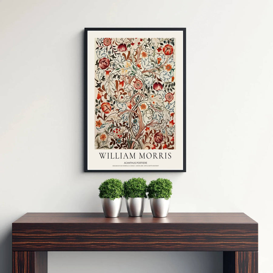 Classic William Morris Acanthus Portiere pattern print, adding a charming vintage flair and rich botanical detail to warm living room arrangements, home offices, entryways, and traditional interior spaces.