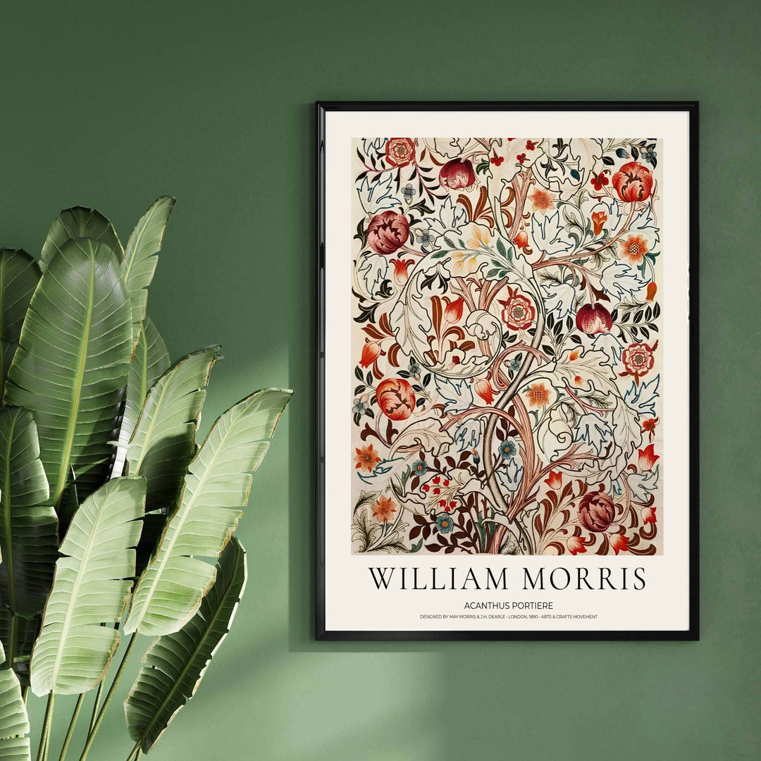 Detailed botanical artwork print displaying the famed Acanthus Portiere tapestry design by William Morris, expertly rendered to highlight historic floral elements and artistic craftsmanship for stylish home decor.