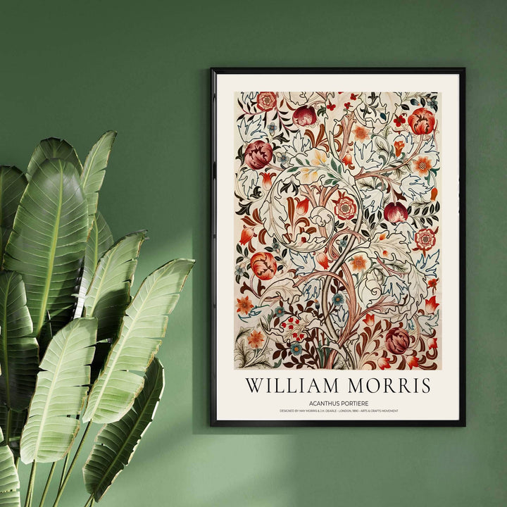 Detailed botanical artwork print displaying the famed Acanthus Portiere tapestry design by William Morris, expertly rendered to highlight historic floral elements and artistic craftsmanship for stylish home decor.