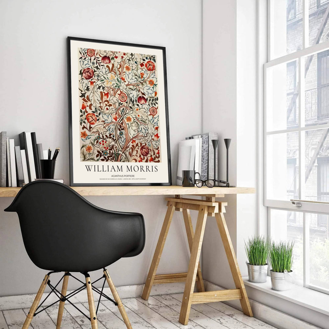 Elegant William Morris floral print capturing detailed acanthus foliage and historical Victorian textile motifs to enhance traditional or modern home interior design with timeless heritage wall art aesthetics.