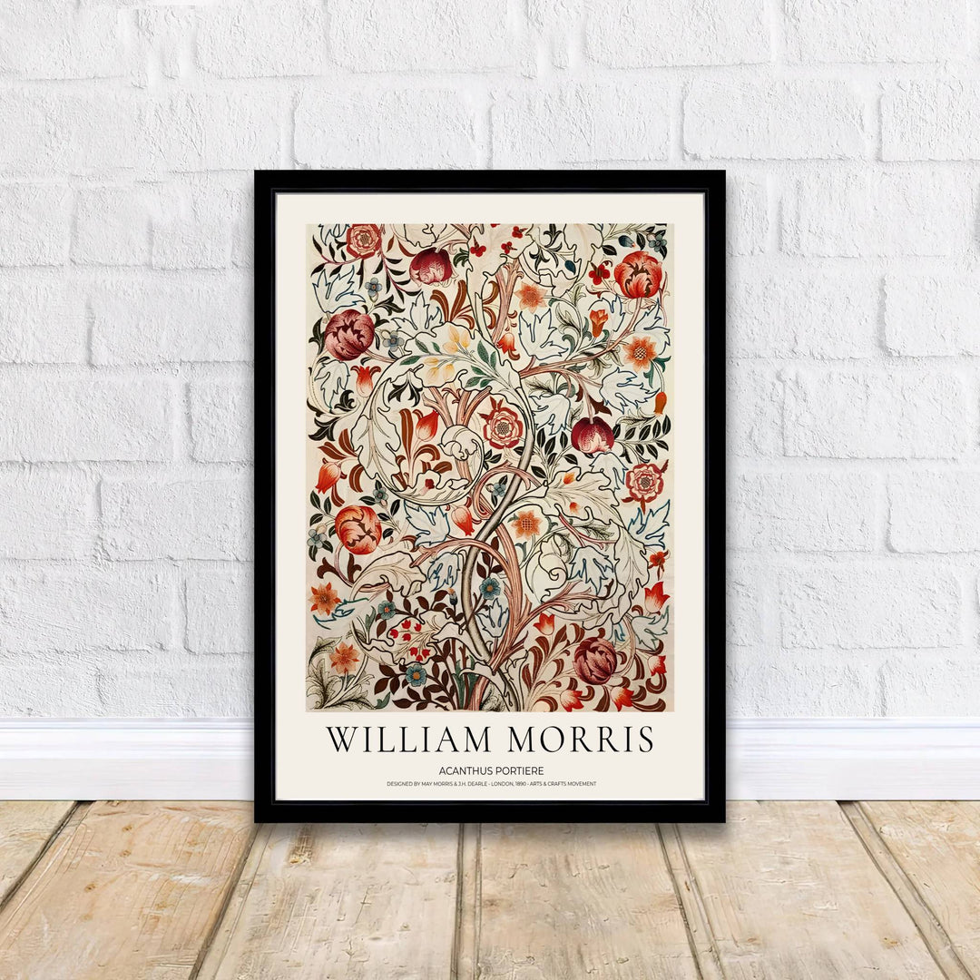 High quality Acanthus Portiere William Morris print displaying intricate botanical leaves, scrolling vines, and rich floral patterns perfect for living room vintage wall decor and classic interior styling.