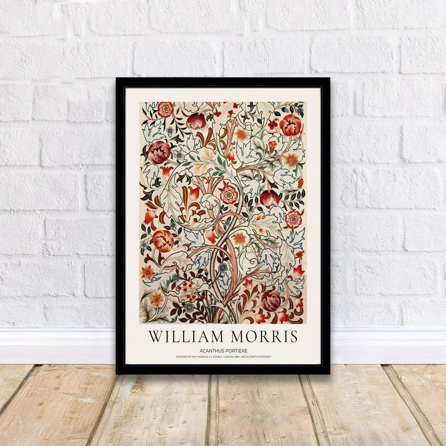 High quality Acanthus Portiere William Morris print displaying intricate botanical leaves, scrolling vines, and rich floral patterns perfect for living room vintage wall decor and classic interior styling.