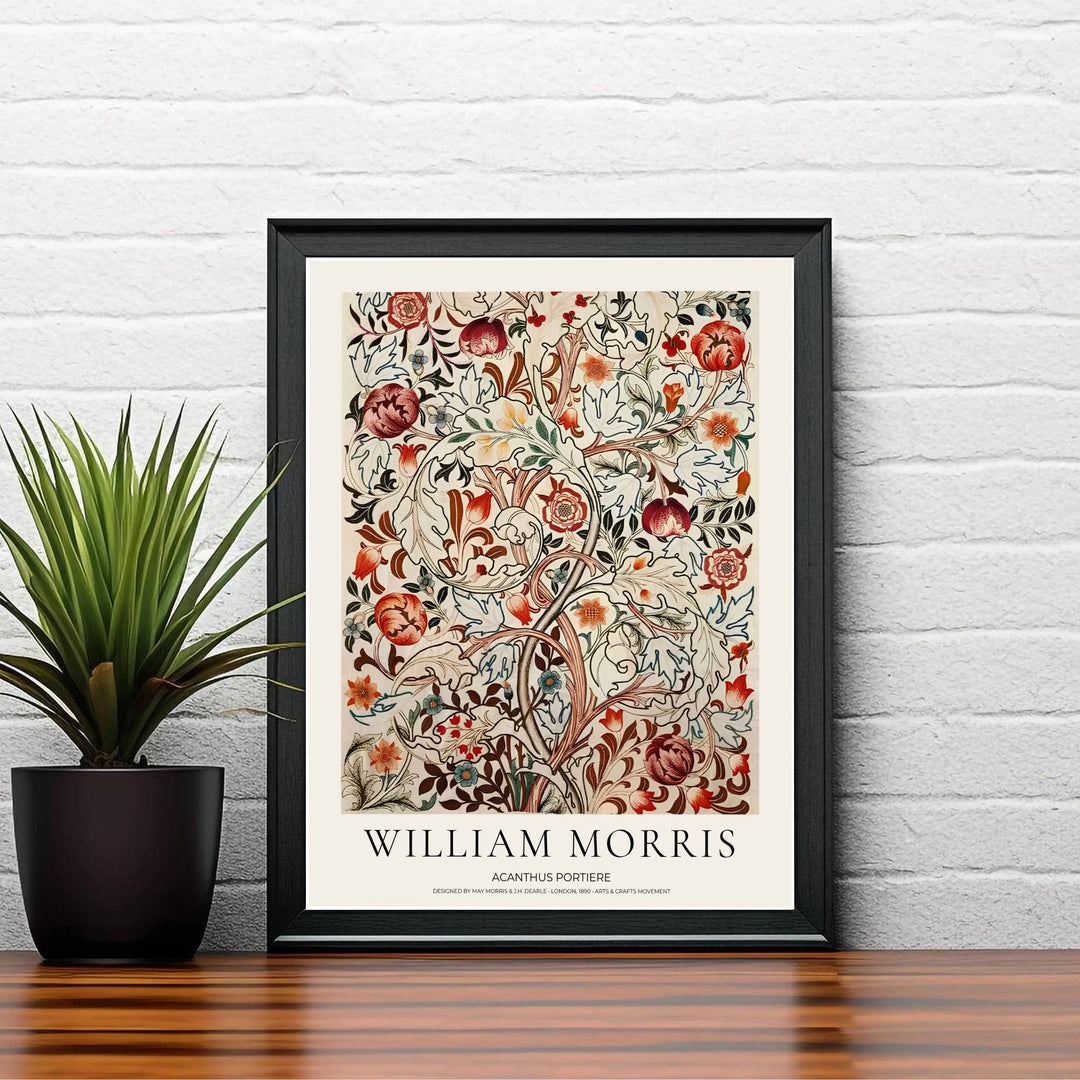 Sophisticated William Morris Acanthus Portiere floral poster print, designed to seamlessly coordinate with neutral living room colors, earthy tone palettes, and subtle wall art gallery layout compositions.