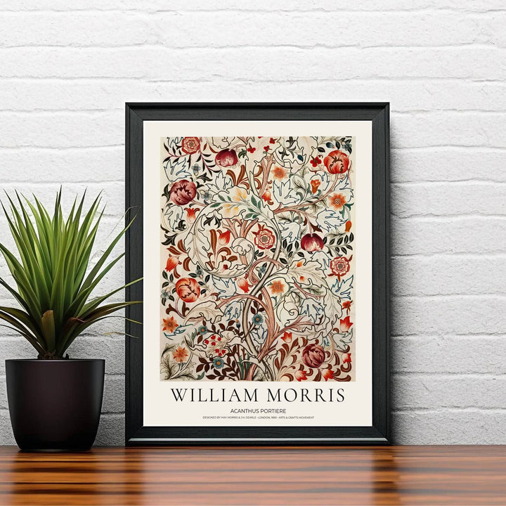 Sophisticated William Morris Acanthus Portiere floral poster print, designed to seamlessly coordinate with neutral living room colors, earthy tone palettes, and subtle wall art gallery layout compositions.