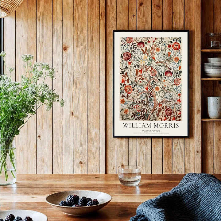 Beautiful Arts and Crafts Acanthus Portiere motif print by William Morris, ideal for creating an artistic focal point in hallways, studies, or dining areas seeking classic British heritage visual charm.