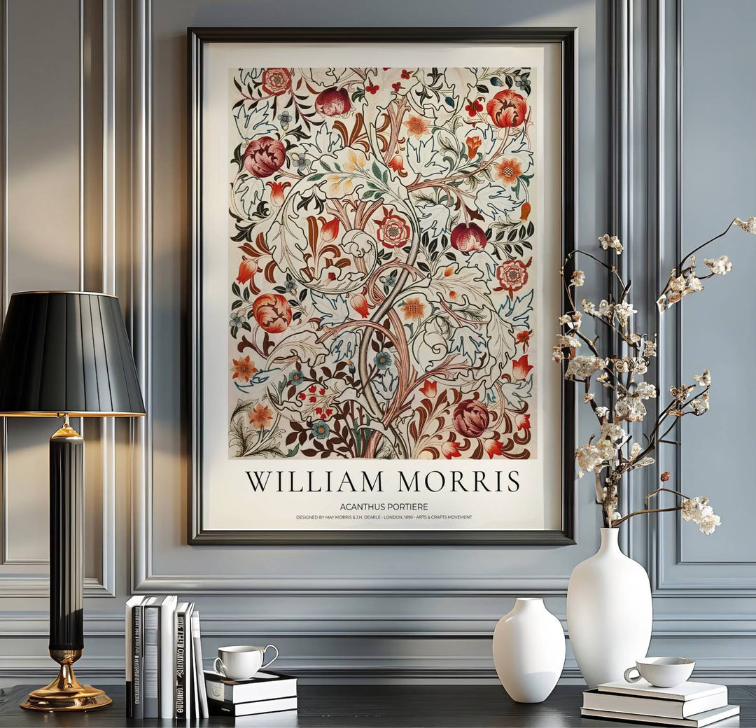 Timeless William Morris Acanthus Portiere botanical art print, combining fluid vintage movement with historic textile design elements to suit versatile living room and bedroom interior decorating themes.