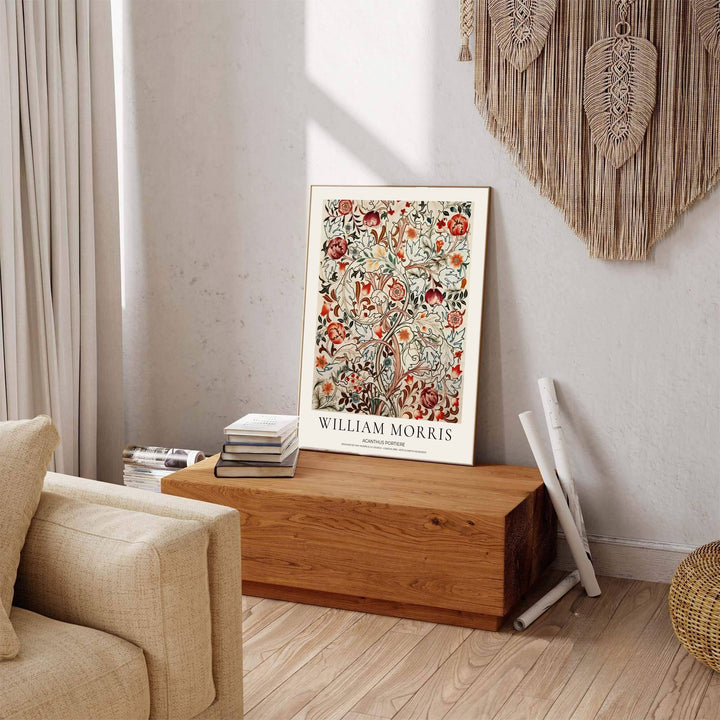 Historic poster print of the famous William Morris Acanthus Portiere design, showing fine typography at the base and full botanical artistry across the sheet for classic decorative wall arrangements.