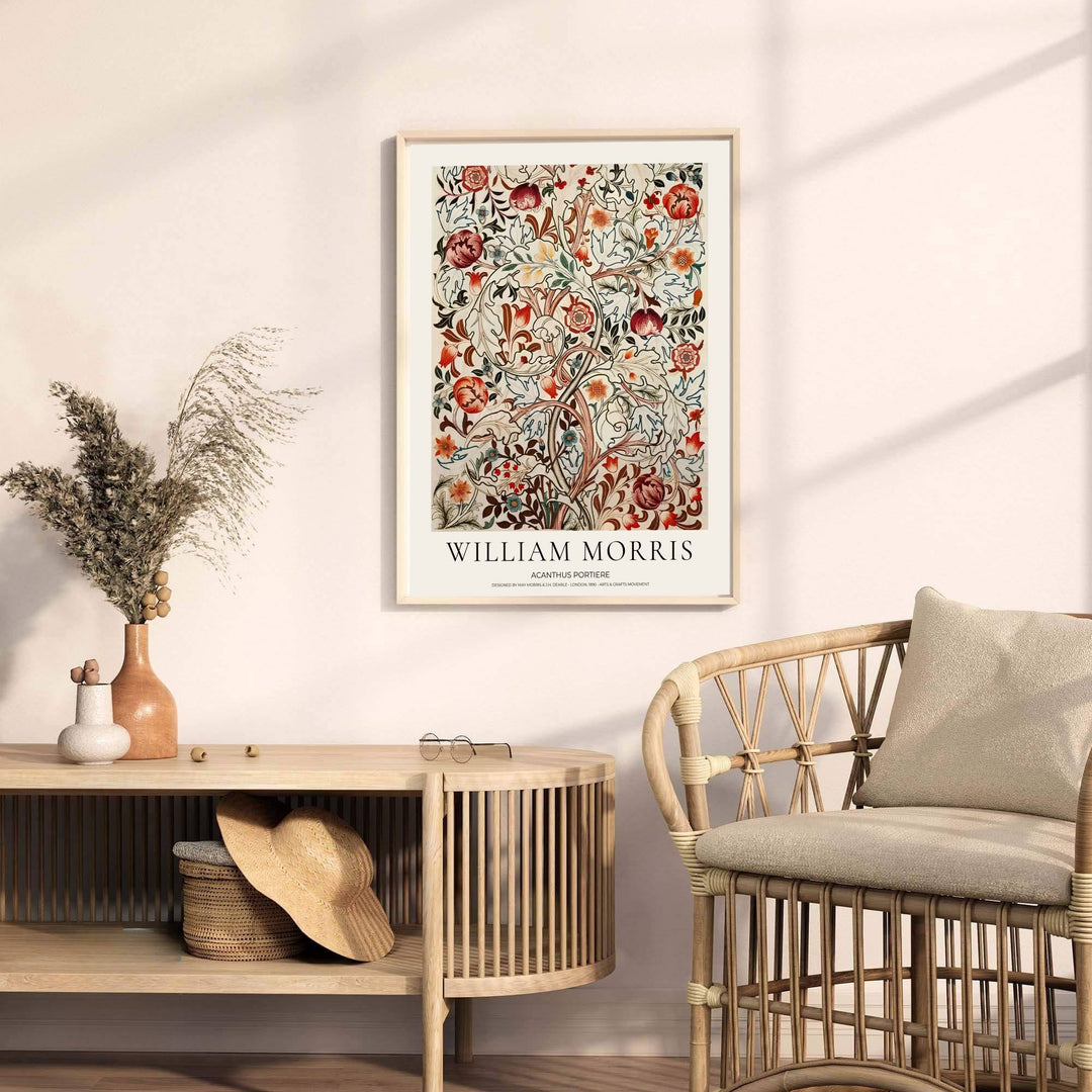 High definition graphic print of the renowned Acanthus Portiere by William Morris, showcasing lush foliage details and vibrant color tones for lasting aesthetic appeal across residential wall decor settings.