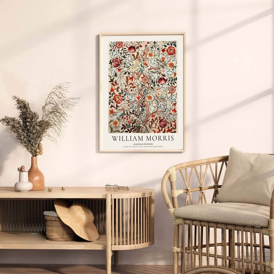High definition graphic print of the renowned Acanthus Portiere by William Morris, showcasing lush foliage details and vibrant color tones for lasting aesthetic appeal across residential wall decor settings.