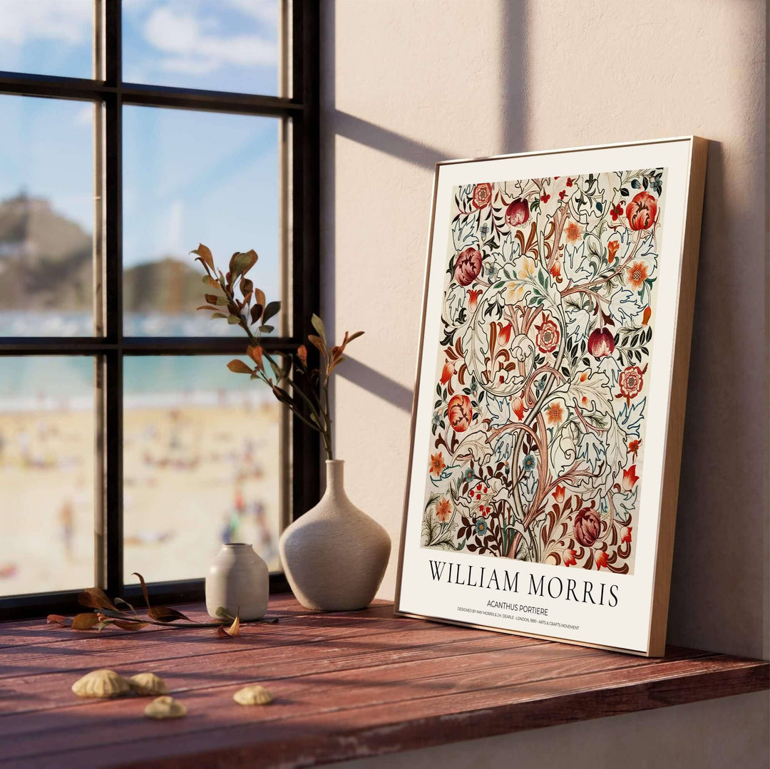 High quality art print showing William Morris Acanthus Portiere vintage botanical artwork, meticulously produced to ensure long lasting color stability and stunning visual appeal in modern home interiors.