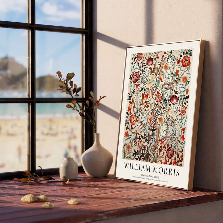 High quality art print showing William Morris Acanthus Portiere vintage botanical artwork, meticulously produced to ensure long lasting color stability and stunning visual appeal in modern home interiors.