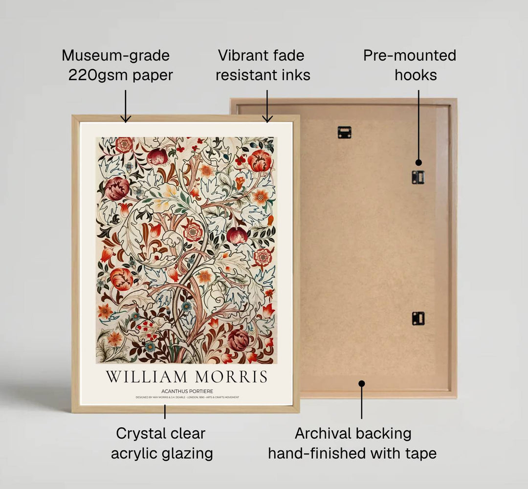 Archival Acanthus Portiere William Morris print featuring classic Arts and Crafts movement textile graphics, printed with vivid archival inks on premium paper for sophisticated museum quality gallery wall displays.