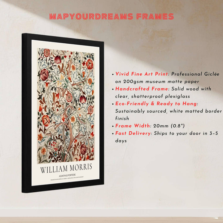 Modern decorative floral print of William Morris Acanthus Portiere featuring detailed branches and cascading acanthus leaf patterns, ideal for contemporary minimal wall decoration and light filled living areas.