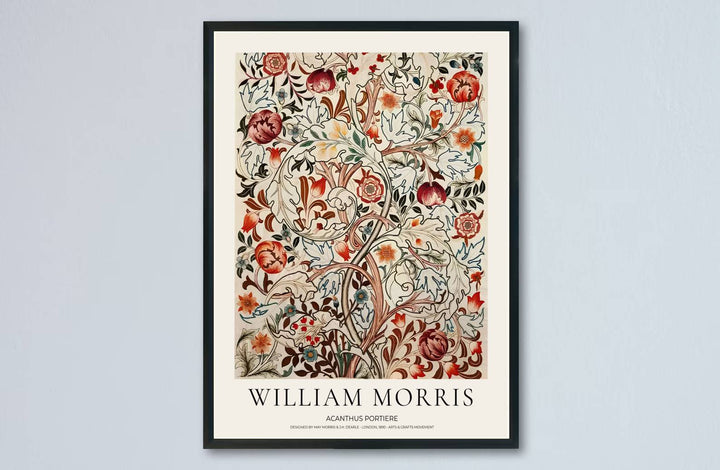 Historic artwork print of William Morris Acanthus Portiere, capturing classic botanical lines, soft earth tones, and intricate floral compositions suited for home office, library, and cozy bedroom wall spaces.