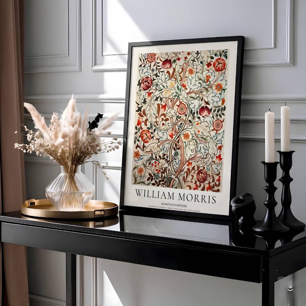 Detailed artwork print rendition of the iconic William Morris Acanthus Portiere, highlighting soft earth tones, red blossoms, and elaborate leafy scrollwork ideal for bedroom and dining room focal points.