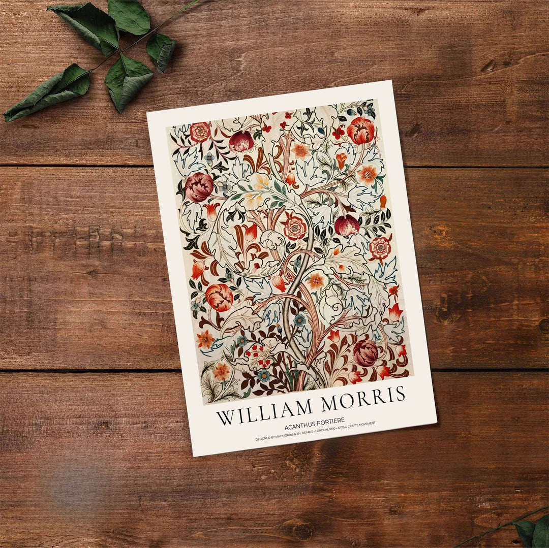 Decorative wall art print of William Morris Acanthus Portiere set against a soft cream background, bringing timeless vintage British botanical elegance and rich historic detailing into home interior spaces.