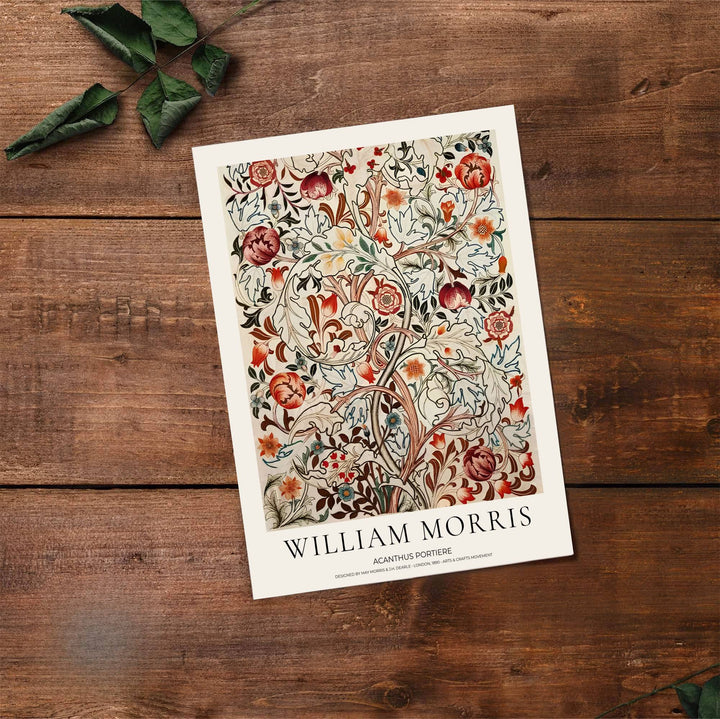 Decorative wall art print of William Morris Acanthus Portiere set against a soft cream background, bringing timeless vintage British botanical elegance and rich historic detailing into home interior spaces.
