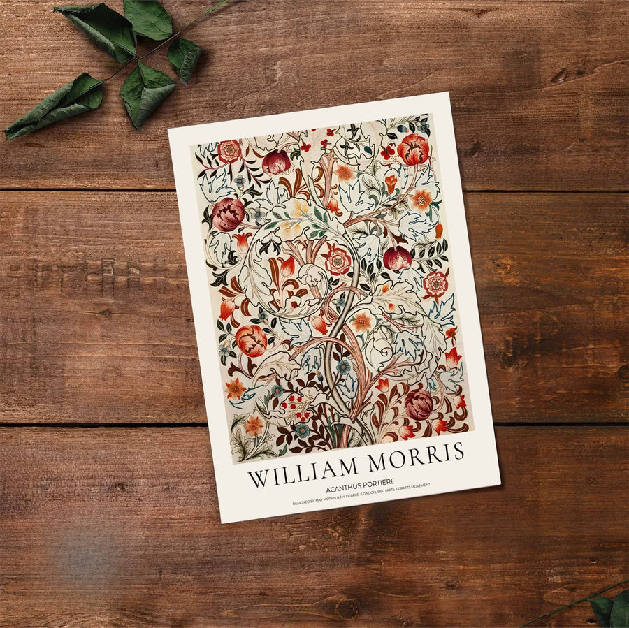 Decorative wall art print of William Morris Acanthus Portiere set against a soft cream background, bringing timeless vintage British botanical elegance and rich historic detailing into home interior spaces.