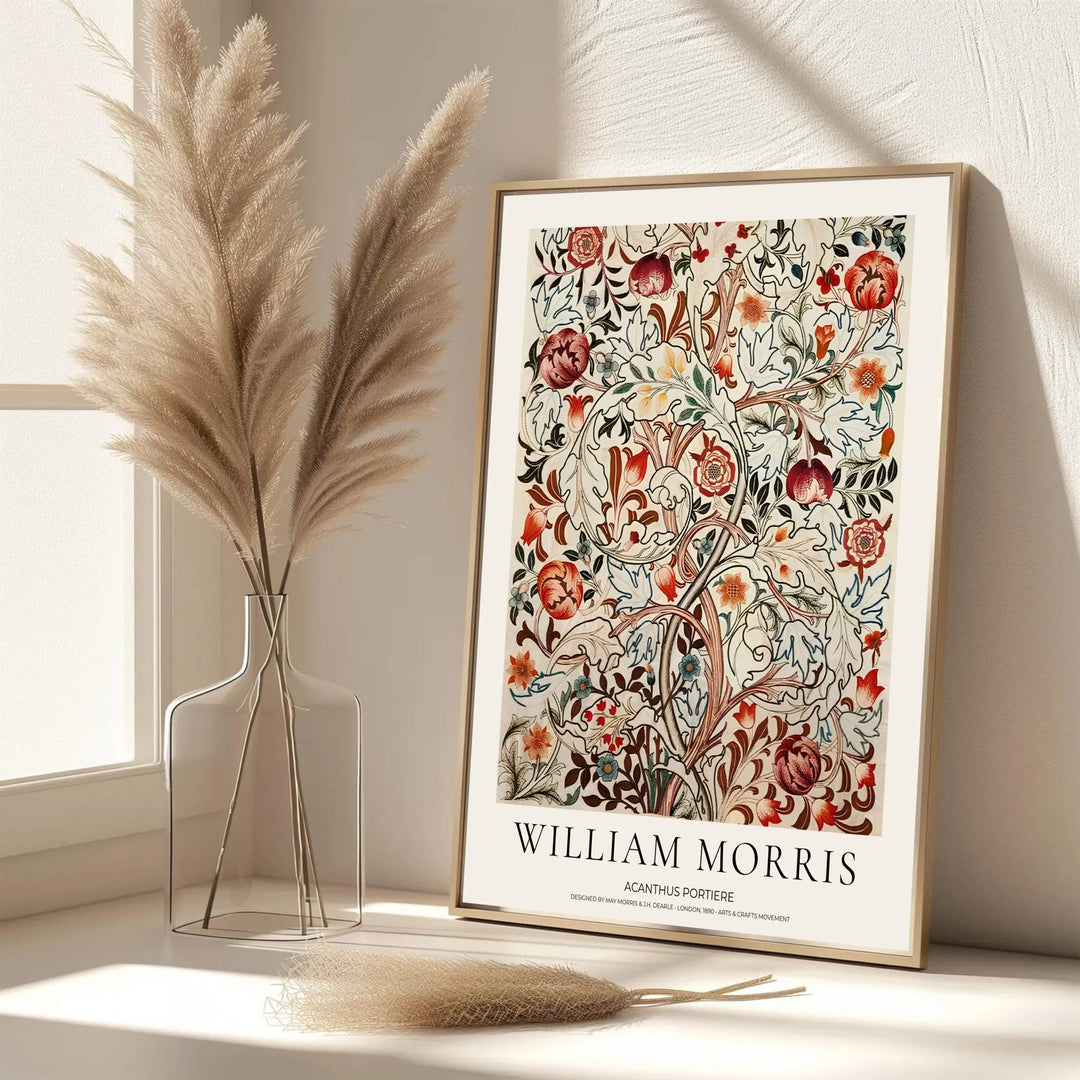 Authentic Arts and Crafts Acanthus Portiere design print by William Morris, bringing natural warmth, organic floral beauty, and refined English heritage art into cozy living spaces and study rooms.