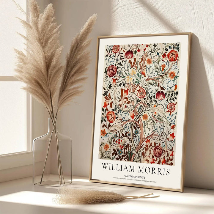 Authentic Arts and Crafts Acanthus Portiere design print by William Morris, bringing natural warmth, organic floral beauty, and refined English heritage art into cozy living spaces and study rooms.