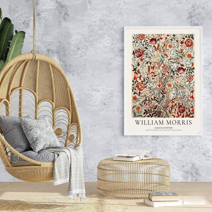 Fine graphic print featuring the detailed textile art of William Morris titled Acanthus Portiere, serving as a sophisticated centerpiece for Victorian, mid century modern, or eclectic decor themes.