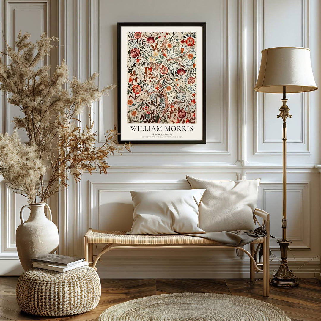 Archival visual print featuring William Morris Acanthus Portiere foliage patterns, offering clean borders and clear text details suitable for home library, hallway, or study visual accent wall displays.