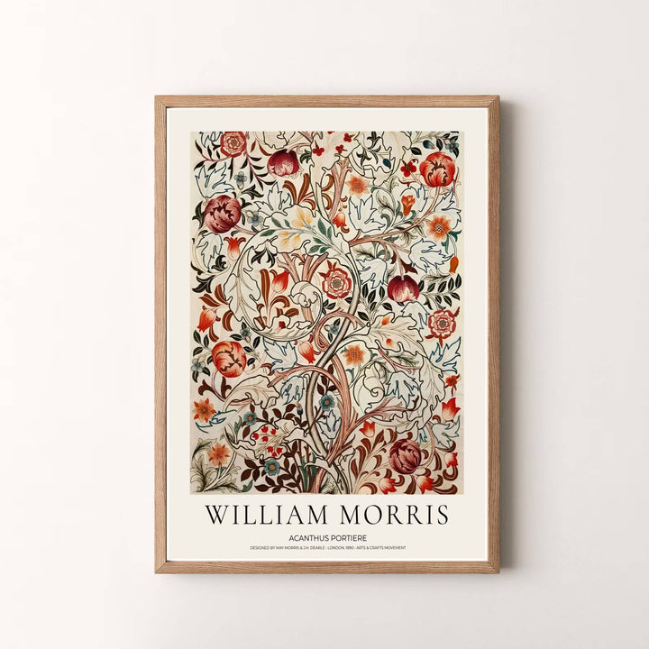 Museum quality visual print of William Morris Acanthus Portiere displaying historical floral tapestry patterns and organic vine movements, ideal for enhancing traditional home walls and vintage art collections.