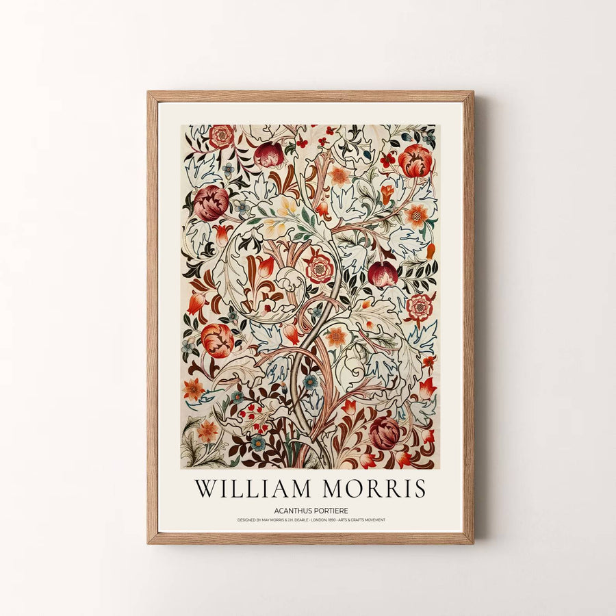 Museum quality visual print of William Morris Acanthus Portiere displaying historical floral tapestry patterns and organic vine movements, ideal for enhancing traditional home walls and vintage art collections.
