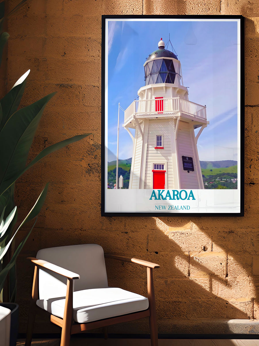 Framed lighthouse poster for Akaroa New Zealand, white lighthouse with blue sky