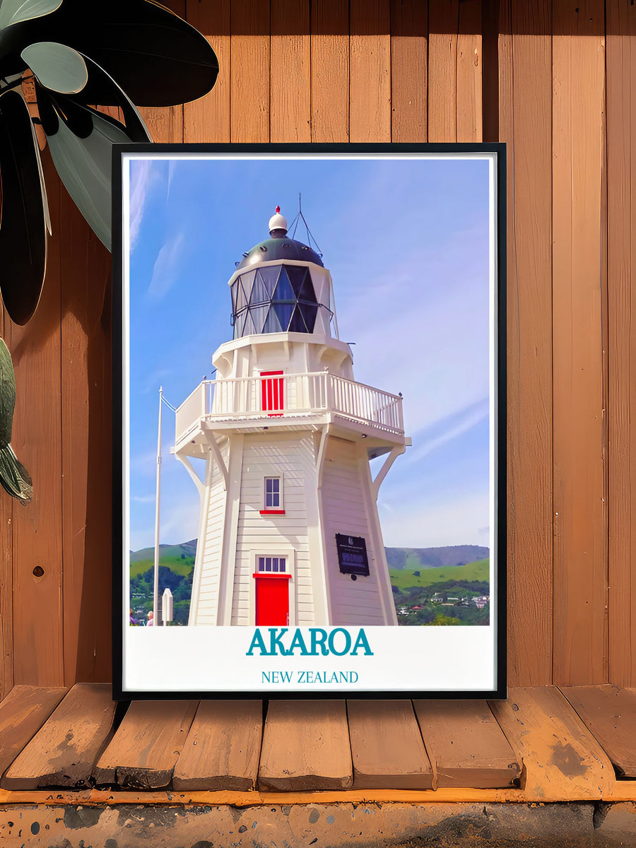 Framed Akaroa lighthouse print with blue sky; Akaroa New Zealand text at bottom