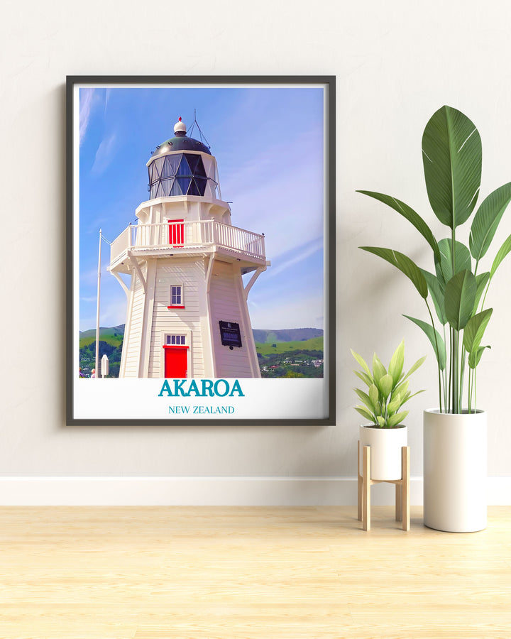 Akaroa Lighthouse art piece, showcasing serene coastal views for a tranquil home environment.