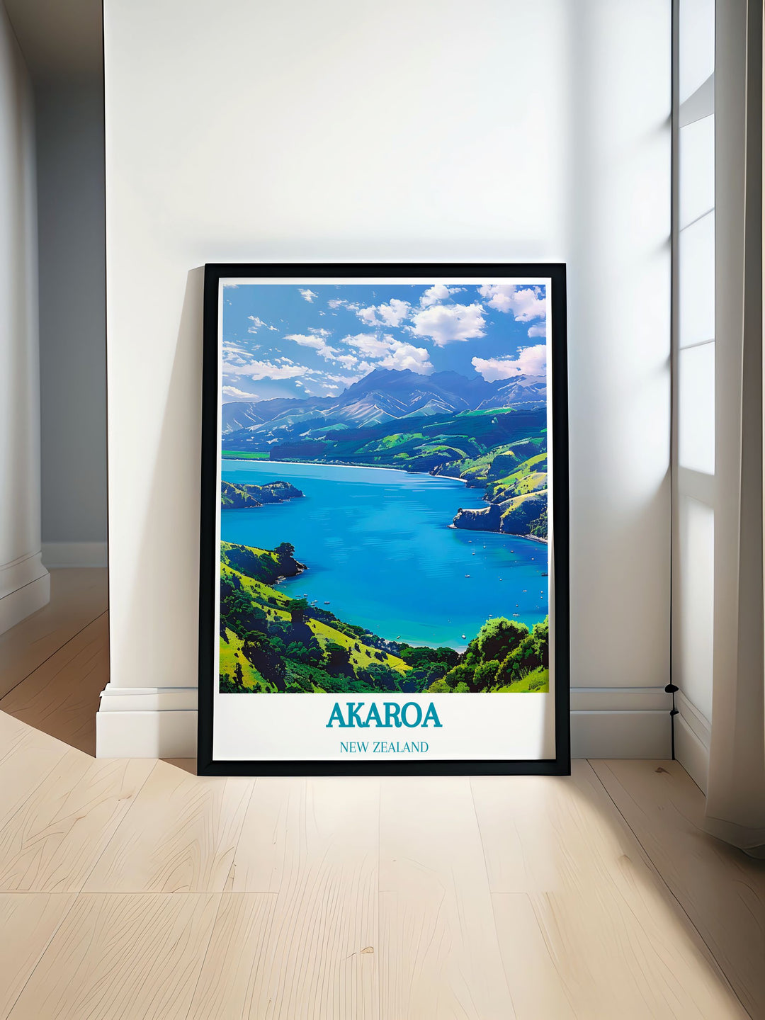 Custom print of Akaroa Harbour, tailored to reflect the serene environment of this beloved New Zealand spot.