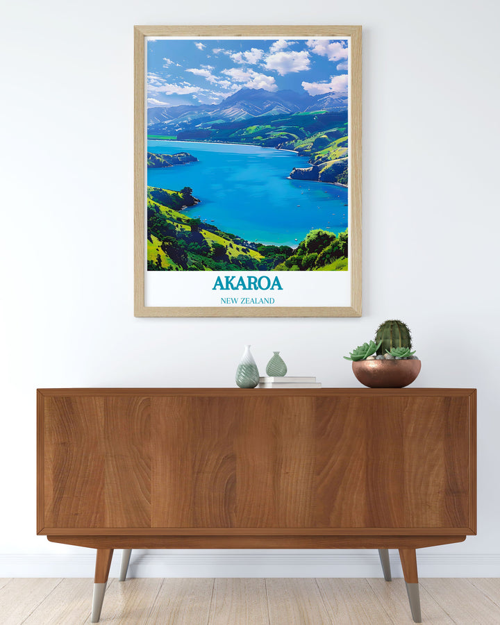 Akaroa Harbour canvas print, focusing on the detailed beauty of its calm waters and scenic views.