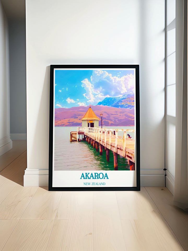 Detailed art print of Akaroa Harbour, perfect for enhancing any room with a view of natural beauty.