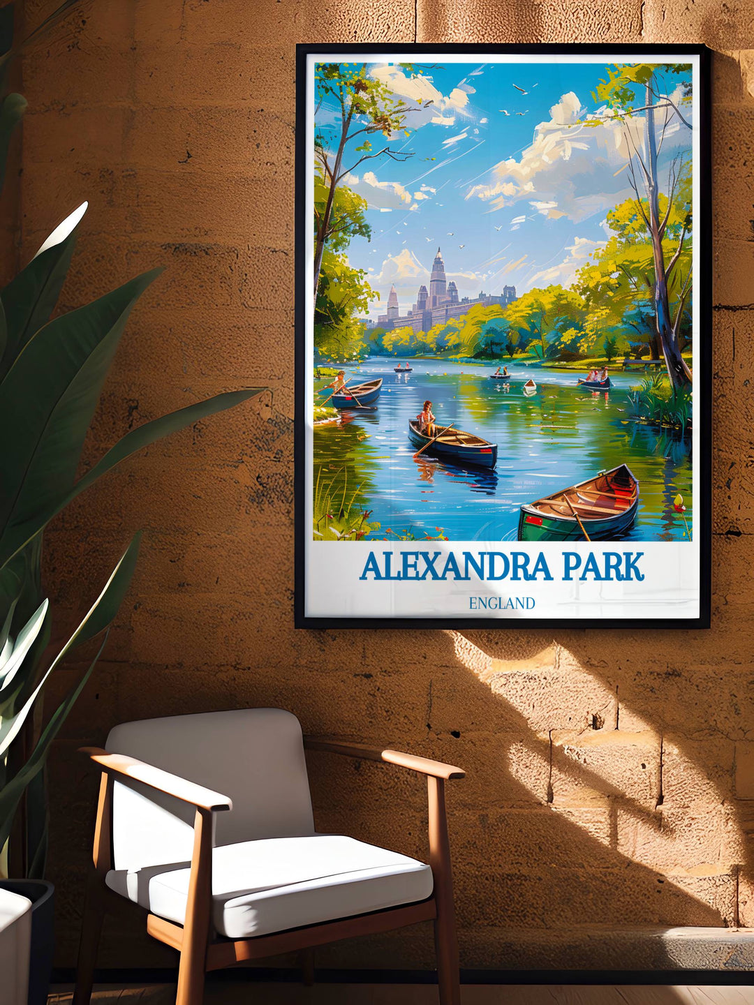 Alexandra Palace print capturing the iconic London landmark surrounded by the lush greenery of Alexandra Park.