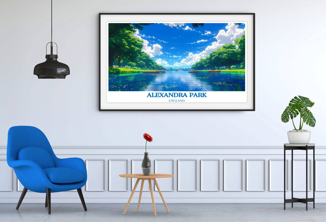 Framed travel print depicting the serene and picturesque setting of Hampstead Heath, enhancing any room with a touch of nature.