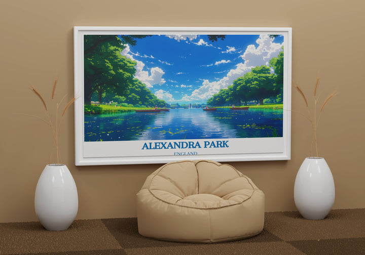 Vibrant print of Alexandra Palace surrounded by the lush Alexandra Park, a perfect piece for enthusiasts of London’s historical sites.