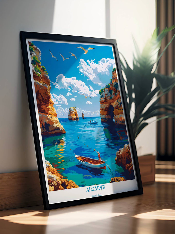 Algarve Travel Print - Benagil Sea Cave - Cadeau de pendaison de crémaillère - Illustration de l’Algarve - Affiche du Portugal